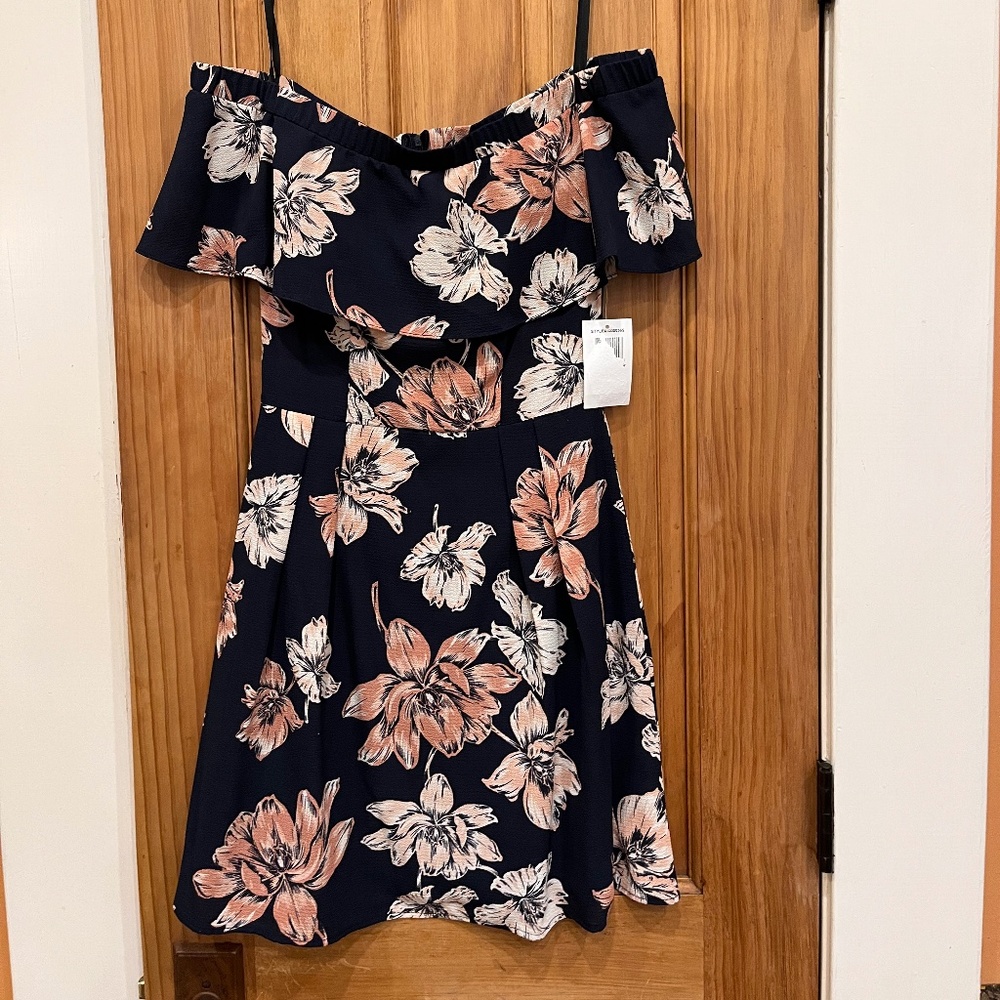 B. Darlin Navy and Peach Floral Off the Shoulder Dress